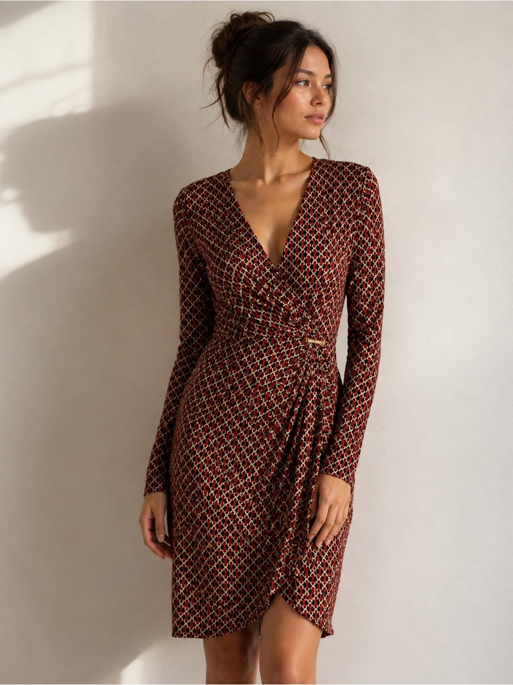 Michael Kors XS Long Sleeve Wrap Dress – Burgundy Red Geometric Print